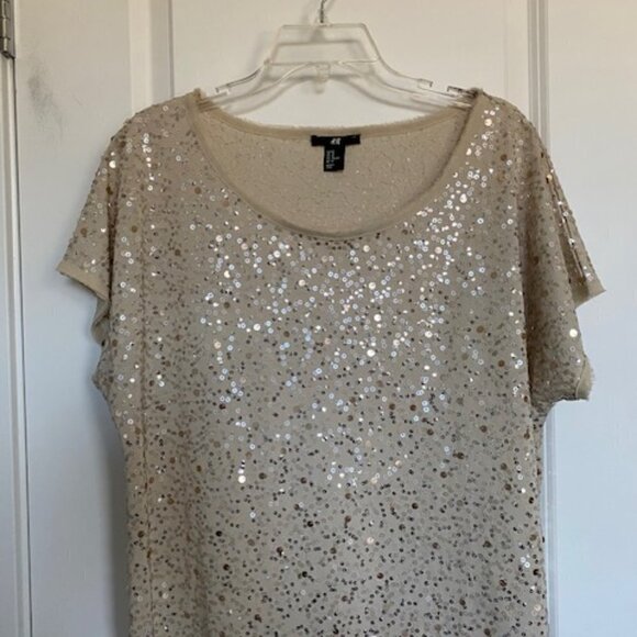 H and M Ivory Sequin Short Sleeve Boxy Blouse Top Medium - Picture 3 of 16